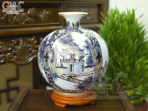 Bình hút lộc men lam họa tiết Tứ Cảnh Hà Nội vẽ vàng 24k, cao 30cm