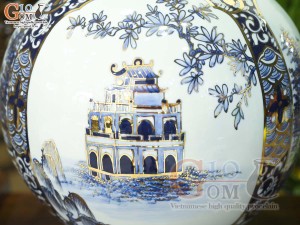Bình hút lộc men lam họa tiết Tứ Cảnh Hà Nội vẽ vàng 24k, cao 30cm