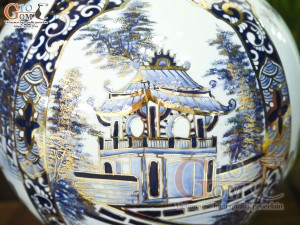 Bình hút lộc men lam họa tiết Tứ Cảnh Hà Nội vẽ vàng 24k, cao 30cm