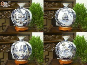 Bình hút lộc men lam họa tiết Tứ Cảnh Hà Nội vẽ vàng 24k, cao 30cm