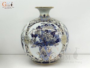 Bình hút lộc men lam họa tiết Tứ Cảnh Phú Quý vẽ vàng 24k, cao 35cm