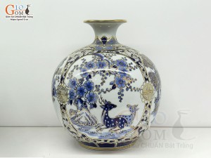 Bình hút lộc men lam họa tiết Tứ Cảnh Phú Quý vẽ vàng 24k, cao 35cm