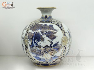 Bình hút lộc men lam họa tiết Tứ Cảnh Phú Quý vẽ vàng 24k, cao 30cm