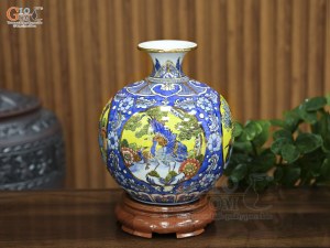 Bình hút lộc men lam nền băng vẽ Tứ Cảnh vẽ vàng, cao 25cm