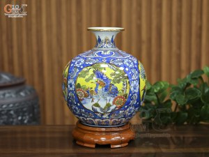 Bình hút lộc men lam nền băng vẽ Tứ Cảnh vẽ vàng, cao 25cm