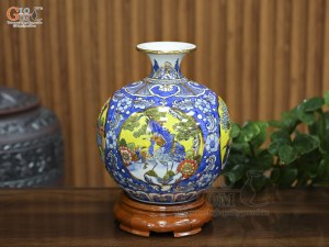 Bình hút lộc men lam nền băng vẽ Tứ Cảnh vẽ vàng, cao 25cm