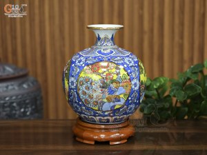 Bình hút lộc men lam nền băng vẽ Tứ Cảnh vẽ vàng, cao 25cm