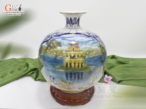 Bình hút lộc men lam nhị cảnh Hồ Gươm và Phố Cổ vẽ vàng 24k, cao 35cm