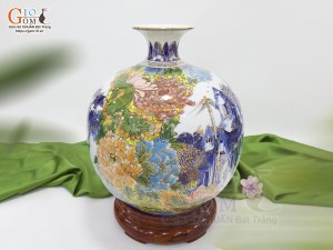 Bình hút lộc men màu nhị cảnh Hồ Gươm và Phố Cổ vẽ vàng 24k viền hoa, cao 35cm