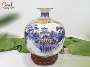 Bình hút lộc men màu nhị cảnh Hồ Gươm và Phố Cổ vẽ vàng 24k viền hoa, cao 35cm