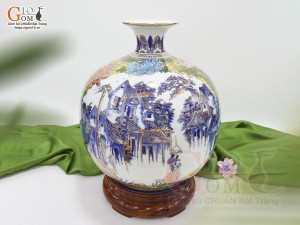 Bình hút lộc men màu nhị cảnh Hồ Gươm và Phố Cổ vẽ vàng 24k viền hoa, cao 35cm
