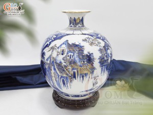 Bình hút lộc men lam nhị cảnh Hồ Gươm và Phố Cổ vẽ vàng 24k viền hoa Sen, cao 30cm