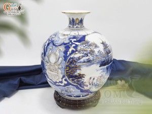 Bình hút lộc men lam nhị cảnh Hồ Gươm và Phố Cổ vẽ vàng 24k viền hoa Sen, cao 30cm