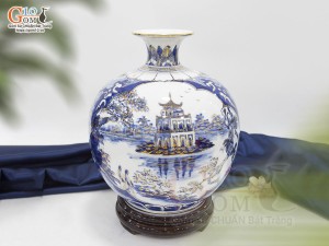 Bình hút lộc men lam nhị cảnh Hồ Gươm và Phố Cổ vẽ vàng 24k viền hoa Sen, cao 30cm