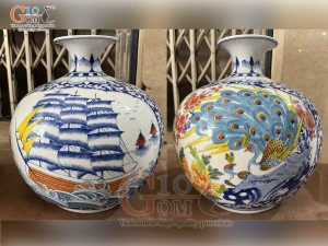 Bình hút lộc men lam nhị cảnh Thuận Buồm Xuôi Gió và Công Danh Phú Quý, cao 35cm - mẫu 002 Bình hút lộc men lam nhị cảnh Thuận Buồm Xuôi Gió và Công Danh Phú Quý, cao 35cm - mẫu 002