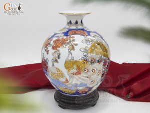 Bình hút lộc men lam nhị cảnh Thuận Buồm Xuôi Gió và Công Danh Phú Quý vẽ vàng 24k, cao 22cm - mẫu 001