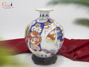 Bình hút lộc men lam nhị cảnh Thuận Buồm Xuôi Gió và Công Danh Phú Quý vẽ vàng 24k, cao 22cm - mẫu 001