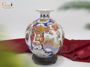 Bình hút lộc men lam nhị cảnh Thuận Buồm Xuôi Gió và Công Danh Phú Quý vẽ vàng 24k, cao 22cm - mẫu 001