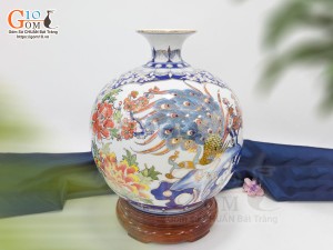 Bình hút lộc men lam nhị cảnh Thuận Buồm Xuôi Gió và Công Danh Phú Quý vẽ vàng 24k, cao 35cm - mẫu 002