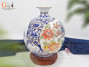 Bình hút lộc men lam nhị cảnh Thuận Buồm Xuôi Gió và Công Danh Phú Quý vẽ vàng 24k, cao 35cm - mẫu 002