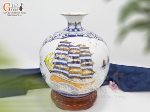 Bình hút lộc men lam nhị cảnh Thuận Buồm Xuôi Gió và Công Danh Phú Quý vẽ vàng 24k, cao 35cm - mẫu 002