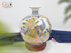 Bình hút lộc men lam nhị cảnh Thuận Buồm Xuôi Gió và Công Danh Phú Quý vẽ vàng 24k, cao 35cm - mẫu 003