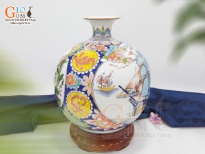 Bình hút lộc men lam nhị cảnh Thuận Buồm Xuôi Gió và Công Danh Phú Quý vẽ vàng 24k, cao 35cm - mẫu 003