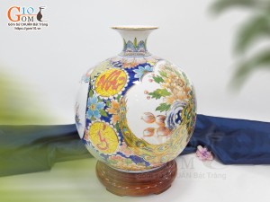 Bình hút lộc men lam nhị cảnh Thuận Buồm Xuôi Gió và Công Danh Phú Quý vẽ vàng 24k, cao 35cm - mẫu 003