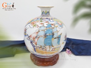 Bình hút lộc men lam nhị cảnh Thuận Buồm Xuôi Gió và Công Danh Phú Quý vẽ vàng 24k, cao 35cm - mẫu 003