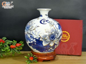 Bình hút lộc men lam vẽ chữ Lộc hoa Sen Phú Quý, vẽ vàng 24k, cao 30cm