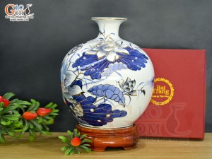 Bình hút lộc men lam vẽ chữ Lộc hoa Sen Phú Quý, vẽ vàng 24k, cao 30cm