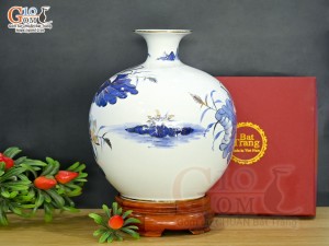 Bình hút lộc men lam vẽ chữ Lộc hoa Sen Phú Quý, vẽ vàng 24k, cao 30cm