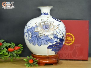 Bình hút lộc men lam vẽ chữ Lộc hoa Sen Phú Quý, vẽ vàng 24k, cao 30cm