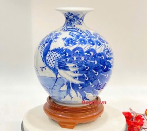 Bình hút lộc men lam vẽ Công Danh Phú Quý, cao 22cm Bình hút lộc men lam vẽ Công Danh Phú Quý, cao 22cm