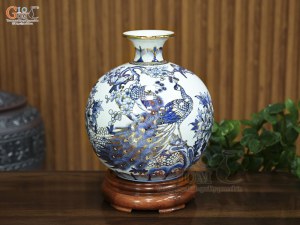 Bình hút lộc men lam vẽ Công Danh Phú Quý vẽ vàng, cao 30cm