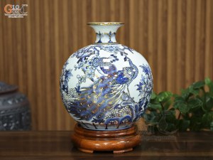Bình hút lộc men lam vẽ Công Danh Phú Quý vẽ vàng, cao 30cm