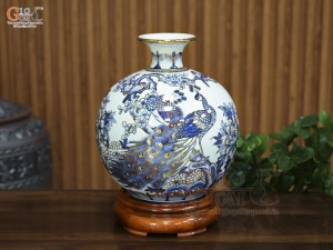 Bình hút lộc men lam vẽ Công Danh Phú Quý vẽ vàng, cao 30cm