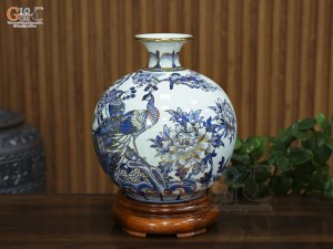 Bình hút lộc men lam vẽ Công Danh Phú Quý vẽ vàng, cao 30cm