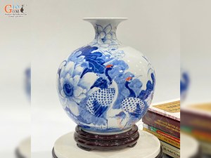 Bình hút lộc men lam vẽ Hạc sen phú quý trường thọ, cao 25cm