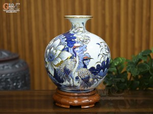 Bình hút lộc men lam vẽ Hạc Sen Phú Quý Trường Thọ vẽ vàng, cao 25cm