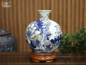 Bình hút lộc men lam vẽ Hạc Sen Phú Quý Trường Thọ vẽ vàng, cao 25cm