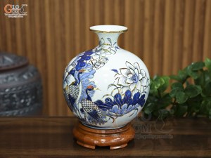 Bình hút lộc men lam vẽ Hạc Sen Phú Quý Trường Thọ vẽ vàng, cao 25cm
