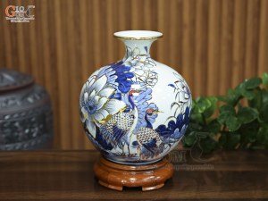 Bình hút lộc men lam vẽ Hạc Sen Phú Quý Trường Thọ vẽ vàng, cao 25cm