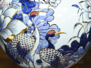Bình hút lộc men lam vẽ Hạc Sen Phú Quý Trường Thọ vẽ vàng, cao 25cm