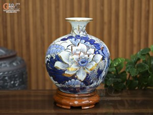 Bình hút lộc men lam vẽ Hạc Sen Phú Quý Trường Thọ vẽ vàng, cao 25cm
