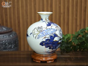 Bình hút lộc men lam vẽ Hạc Sen Phú Quý Trường Thọ vẽ vàng, cao 25cm