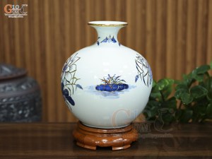 Bình hút lộc men lam vẽ Hạc Sen Phú Quý Trường Thọ vẽ vàng, cao 25cm