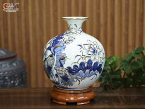 Bình hút lộc men lam vẽ Hạc Sen Phú Quý Trường Thọ vẽ vàng, cao 25cm