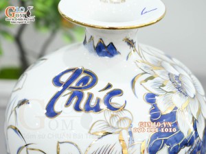 Bình hút lộc men lam vẽ hoa Sen Phú Quý, vẽ vàng 24k, cao 22cm