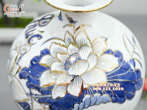 Bình hút lộc men lam vẽ hoa Sen Phú Quý, vẽ vàng 24k, cao 22cm